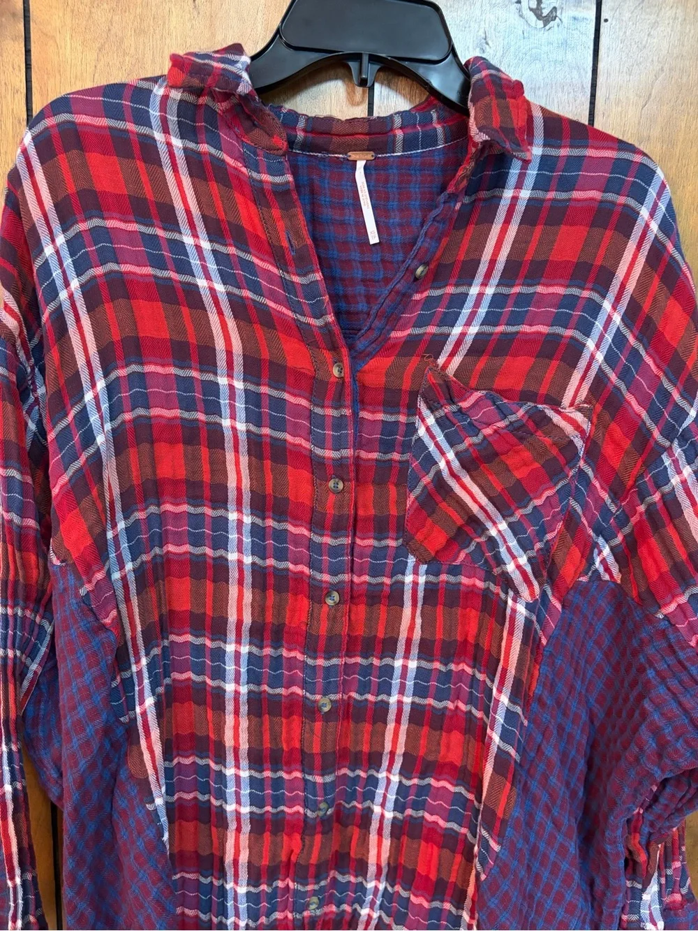 Free People Burgundy and Navy Plaid Button-Up Shirt